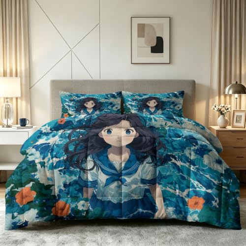 Juego de edredón Queen de 230 x 220 cm, edredón sin funda con edredón de anime japonés, suave, cálido, ligero, manta de campamento de verano, lavable, 7,5 tog, traje de marinero para niña, ropa de