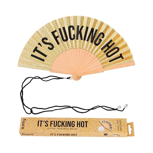 Fisura – Abanico original con mensaje “f*cking hot”. Abanico de madera moderno y colorido. Ventilador de mano de purpurina dorada. Colgador incluido. Medidas: 42,5 x 23 cm