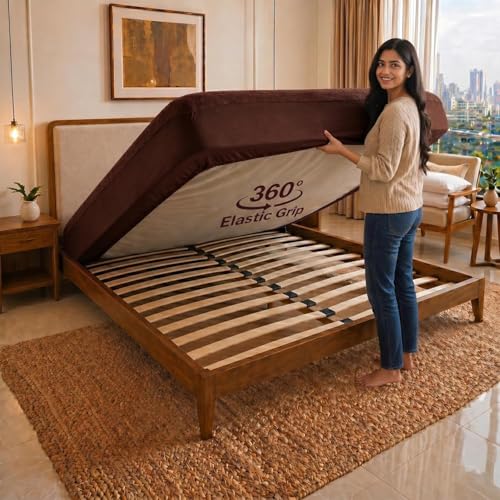 Image of Cotton Feel Terry 72x72 inch Ultra Soft Waterproof Mattress Protector Double Bed Size | Breathable Hypoallergenic Mattresses Cover for Double Bed Size (Coffee)