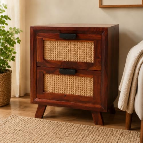 Image of Space Galaxy Sheesham Wood Bedside Table for Bedroom | Handmade Pure Wooden Bed Side Nightstand Sofa Side End Table with 2 Drawers Storage for Home & Bed Room | Cane & Rosewood | Honey Finish