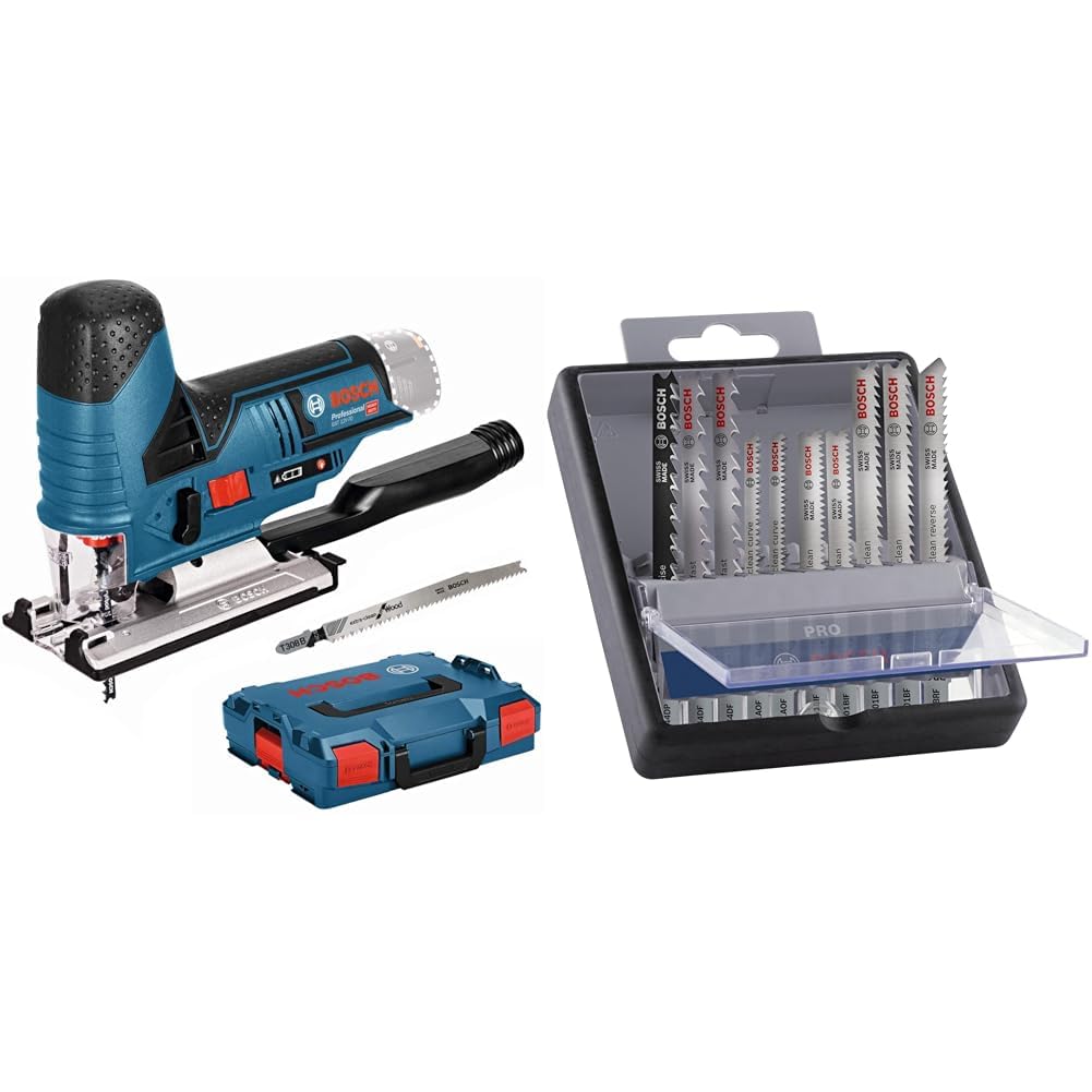Bosch Professional 12V System Akku Stichsäge GST 12V-70 (inkl. 2x Sägeblatt, ohne Akku/Ladegerät) + 10x PRO Hardwood and Laminate Stichsägeblatt-Set (für Hartholz, Parkett, Länge 83 mm, Zubehör)