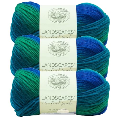 Image of Lion Brand Yarn, Landscapes Multicolor Yarn for Knitting, Crochet, and Crafts, Blue Lagoon, 3 Pack, Acrylic Fiber for Variegated Blankets, Self-Striping Shawls, and Gradient Sweaters