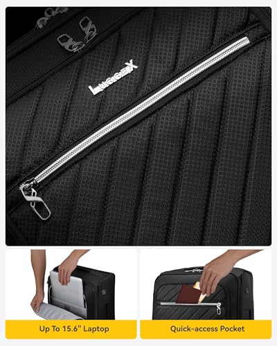 LUGGEX Carry On Luggage with Spinner Wheels - Stylish Lightweight Carry On Suitcase - Soft Sided 22x14x9 airline approved with Front Open Design for Travel, Business (Black, 20 Inch)4