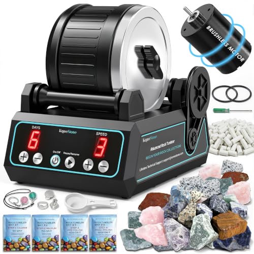 Professional Brushless Rock Tumbler – Quiet 2.5LB Rotary Rock Polisher for Hobbyists & Collectors with High-Performance Motor, Adjustable Speed, Timer, Memory Function & Full Accessories Included