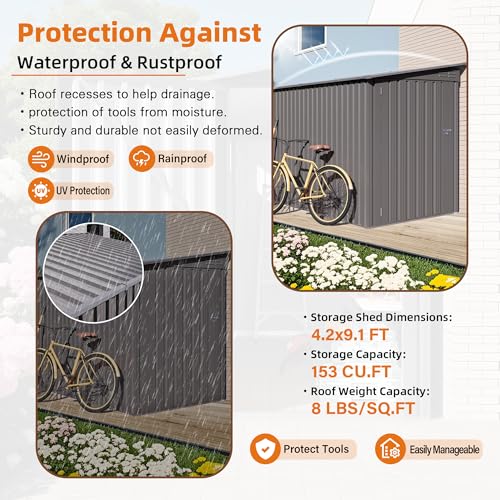 Image of YOPTO 4x9 FT Outdoor Storage Shed,Lean to Metal Shed W /Window,All Weather Waterproof Garden Storage Shed W / 6 Air Vents & 1 Lockable Door,Weatherproof Tool House W /Sloped Roof,for Lawn,Gray