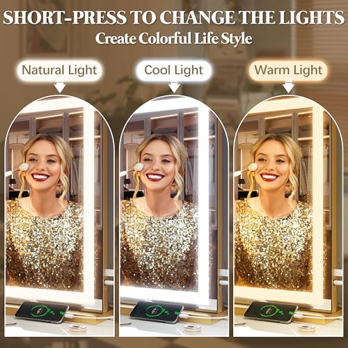 FENNIO Vanity Mirror with Lights 32"x22", Lighted Makeup Mirror, Large Vanity Mirror, Touch Sensor with 3-Color Lighting, 10X Magnification and USB Charging Port for Vanity Desk(Square Gold)