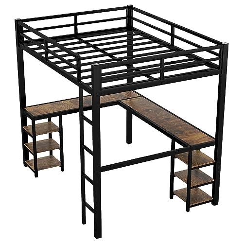 Full Size Loft Bed with Desk and Storage Shelves, Heavy Duty Loft Bed with Desk and Ladder, Full Size Loft Bed for Kids, Teens(Full Size, Vintage Desk)