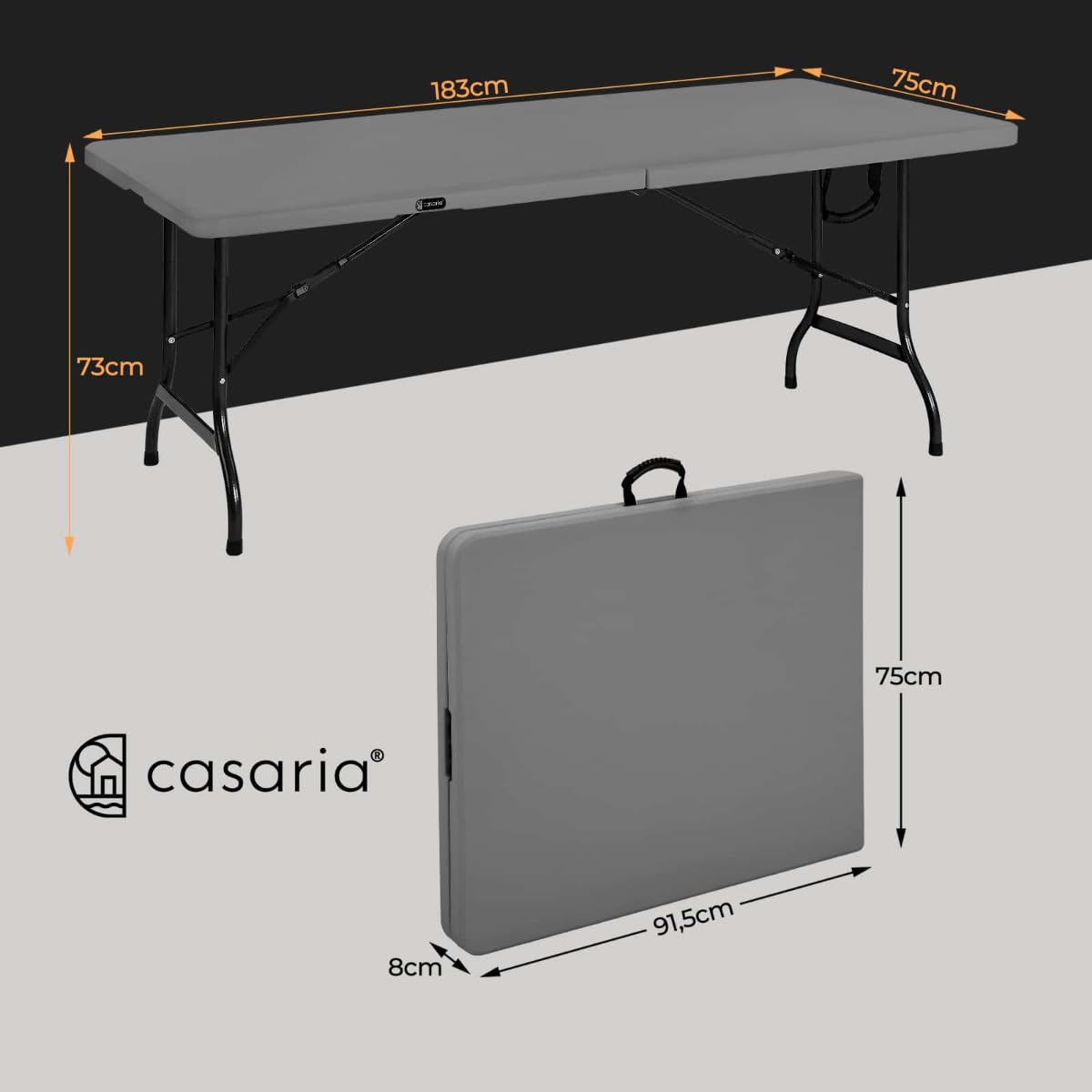 CASARIA® Mesa Plegable Camping 8 Personas Buffet Catering Asa Transporte Comedor Interior Exterior Resistente Intemperie Superficie Robusta Multiusos Jardín Terraza Fiestas Eventos 183x76cm Antracita