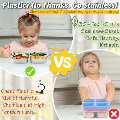 Image of Stainless Steel Snack Containers with Plastic Lids - 3 Pack - 3 Compartments Bento Snack Boxes - Large Reusable Meal Prep for Kids Adult - Divided Food Storage Container for School, Lunch, Home Travel