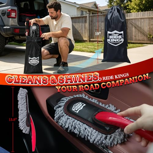 Image of Exterior Car Duster & Brush Kit - Extendable，Wax Cotton | Telescoping auto mop traps pollen scratch-free. Combo with inside detailing tools & bag. Gift for SUV, truck, motorcycle.