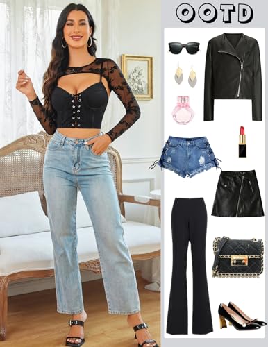 Avidlove Lace Crop Top for Women Long Sleeve Mesh Top 2 Piece Clubwear Sexy Rave Outfits Festival Top4