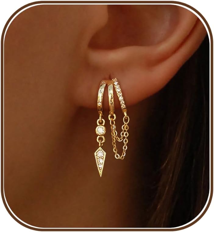 Dangle Earrings for Women,14k Gold Plated Triple Huggie Stud Earrings Cute Statement Chain Earring Dainty Drop Earrings for Women Trendy Gold Plated Jewelry