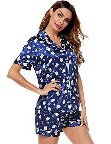 Image of SWOMOG Pajamas Set Short Sleeve Sleepwear Womens Button Down Nightwear Soft Pj Lounge Blue Penguin