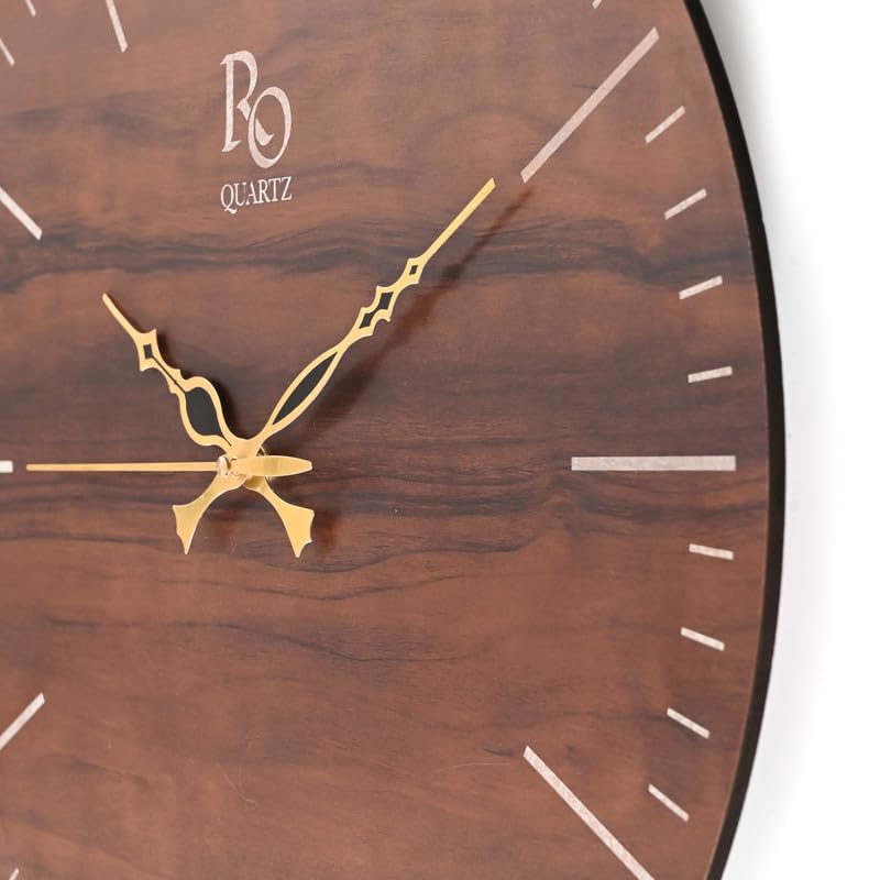 Image of Engineered Wood Round Shape Wall Clock with Metallic Hand & Silent Quartz Movement | Wooden Minimalist Design Anti Reflection Analog Vintage Clock for Home (Brown, 15 Inch)
