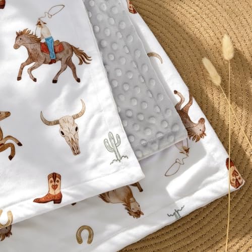Image of HOMRITAR Cowboy Baby Blanket for Boys Double Layer Dotted Backing | Soft Lightweight Minky Farm Blanket for Infant Toddler Outdoors Stroller Nursery Crib Shower Gifts 30 x 40 Inch