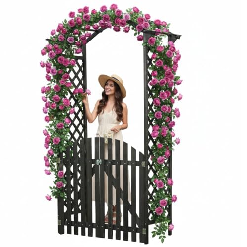 Melko Rosenbogen aus Holz Schwarz Rankgitter Laubengang Torbogen mit Tor Halbbogen Spalier Rankhilfe für Kletterpflanzen Gartenbogen Pergola