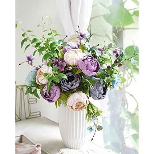 Image of FiveSeasonStuff Dusty Purple & Greenery Accents Artificial Peony Bouquet, Two Coordinating Faux Silk Flower Bundles with Hydrangeas