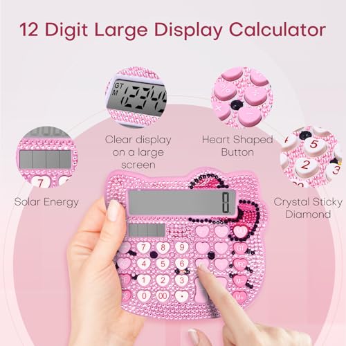 TuviKai Women Desk Calculator 12 Digit with Large LCD Display and Sensitive Button, Suitable for Adults and Children, Standard Function for Office, Home, School (Pink+Pink Jewel Model) の商品画像 2