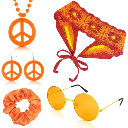 Alaxciax 60s 70s Hippie Accessories for Women Boho Hippie Costume with Flower Knit Headband Peace Sign Necklace Groovy Disco Outfits for Party Cosplay