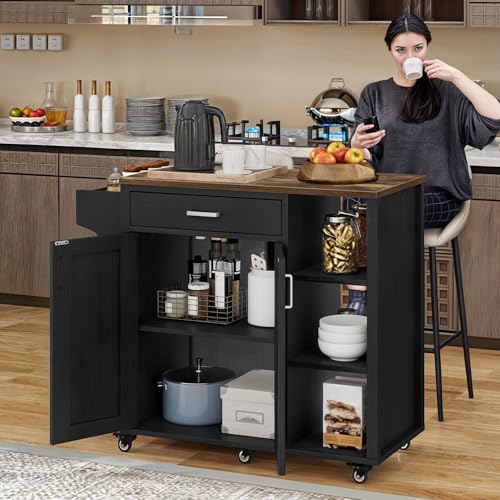 YITAHOME-37-Rolling-Kitchen-Island-Cart-with-Storage-Butcher-Block-Island-on-Wheels-Mobile-Kitchen-Storage-Carts-with-Shelves-Spice-Black YITAHOME 37 Rolling Kitchen Island Cart with Storage Butcher Block Island on Wheels Mobile Kitchen Storage Carts with Shelves Spice Black