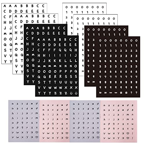 SamHeng 12 Feuilles Mini Alphabet et Nombre Autocollants, 928 Pièces Auto-adhésif Majuscule Minuscule Lettre Sticker Autocollants de Scrapbooking pour DIY Artisanat Journal Carte Postale, Noir+Blanc Cover