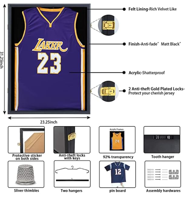 Image of Jersey Frame Display Case 4 Pack, Large Lockable Shadow Box Sports Jersey Frame with UV Protection Acrylic and 2 Hanger for Baseball Basketball Football Soccer Hockey Shirt,Graduates Black