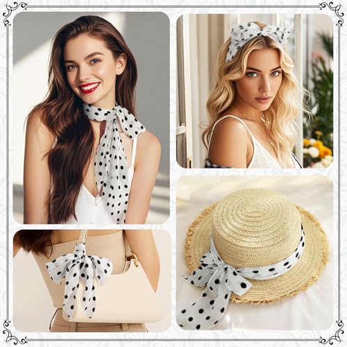 Vintage Polka Dot Long Skinny Scarf for Woman, 1950s Retro Chiffon Hair Scarf and Necktie, 50s Style Costume Accessory4