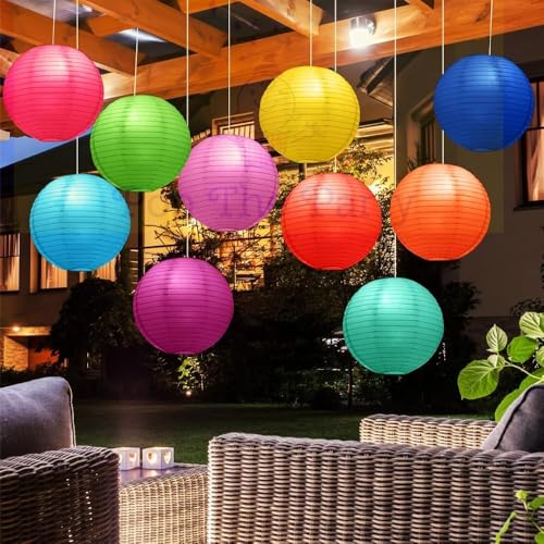 Image of Pop the Party Round Hanging Ball Paper Lantern Paper Lamp | Light Lamp | Decoration at Balcony Outdoor, Party Birthday, Multicolor Paper Hanging Lantern | (12inch, Mix Colour) - Pack of 5
