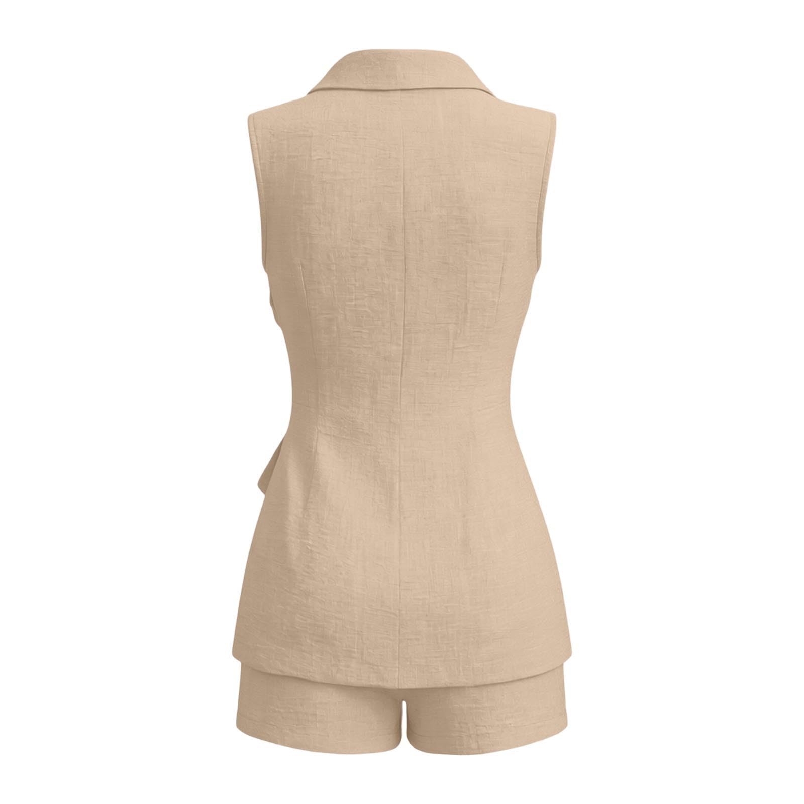 Tailleur Pantalon Femme - Comfort Chic Et Elegant Tenue Professionnelle Mariage D'été Costume Couleur Unie Col V Ensemble Deux Pièces Ceinture Design Gilet Short Slim Décontractés