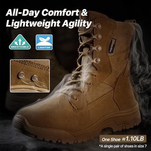 Image of FREE SOLDIER Men's LT Military Tactical 8 inch Daily Work Boots | Durable Leather, Arch Support, All-Day Comfort, Anti-Slip Outsole, For Hiking, Hunting, Outdoor Work