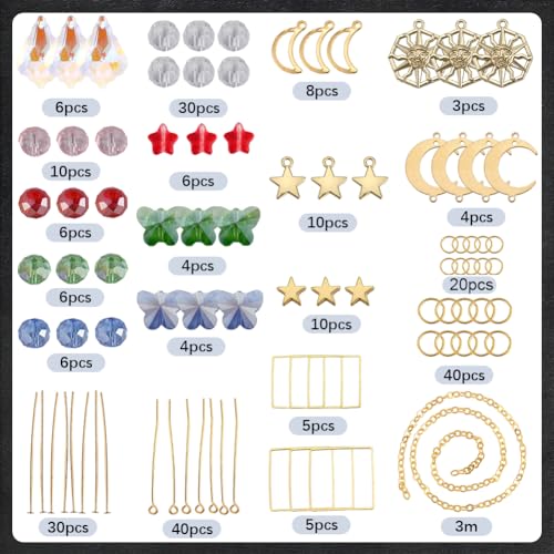 SUNNYCLUE 1 Box 254Pcs Garden Suncatchers Rainbow Makers DIY 6 Sets Sun Catchers Making Kit Golden Tone Sun Moon Star Charms Colorful Crystal Beads Prism Hanging Pendants for Windows Indoor Outdoor - Image 2