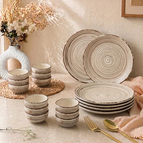 Image of The Earth Store Brown Spiral Ceramic Dinner Set, 18 Pieces with 6 Dinner Plates & 12 Vegetable Bowls | Microwave & Dishwasher Safe | Bone-Ash Free Dinnerware Set