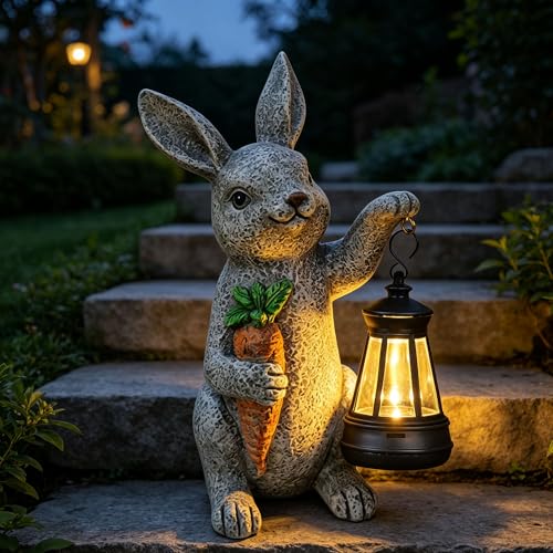 Garden Statues Rabbit Solar Lantern Outdoor Handmade Resin Statue Bunny with Cute Carrot for Patio Yard Mothers Day Gift Ideas
