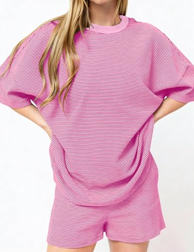 Image of Ythomm Striped Pajamas Shorts Sets Women 2 Piece Lounge Outfits Short Sleeve Tees Drawstring Shorts Summer Matching Pj Sets