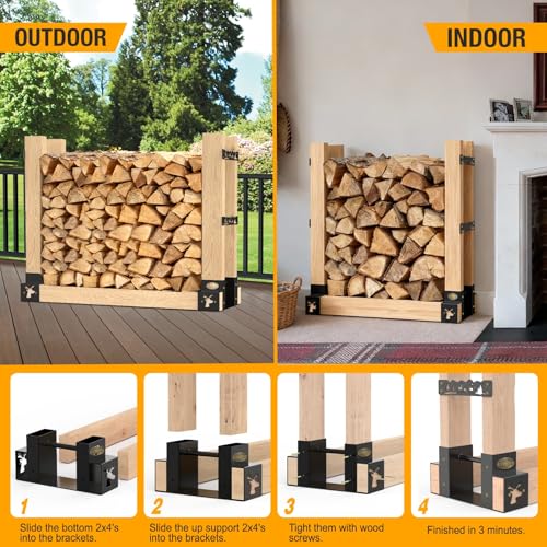 Ultdiyer Firewood Rack Outdoor Log Storage Bracket with Decorative Pattern,Heavy Duty Fire Wood Stand Holder-Adjustable to Any Length, Deer