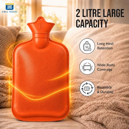 Image of Btag Hot Water Bag (2Ltr) for Pain Relief | Non-Electric Rubber Heating Bottle Period Cramps, Body Aches | Long Heat Retention | Wide Mouth with Leak Proof Cap & Skin Friendly Material (Orange)