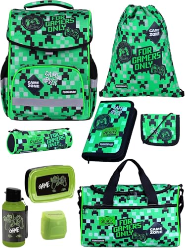 Familando Basic Plus Jungen Schulranzen 1. Klasse · Playworld Gaming Pixel Schultasche · ergonomisch & leicht · Schulranzen-Set (9-teilig)