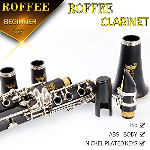 Roffee Clarinet Beginner Student Level 26N B Flat Abs Nickel Plated 17 Keys Bb Tone With 2 Berrels,Case,10 Reeds,Mouthpiece And More #TOP1