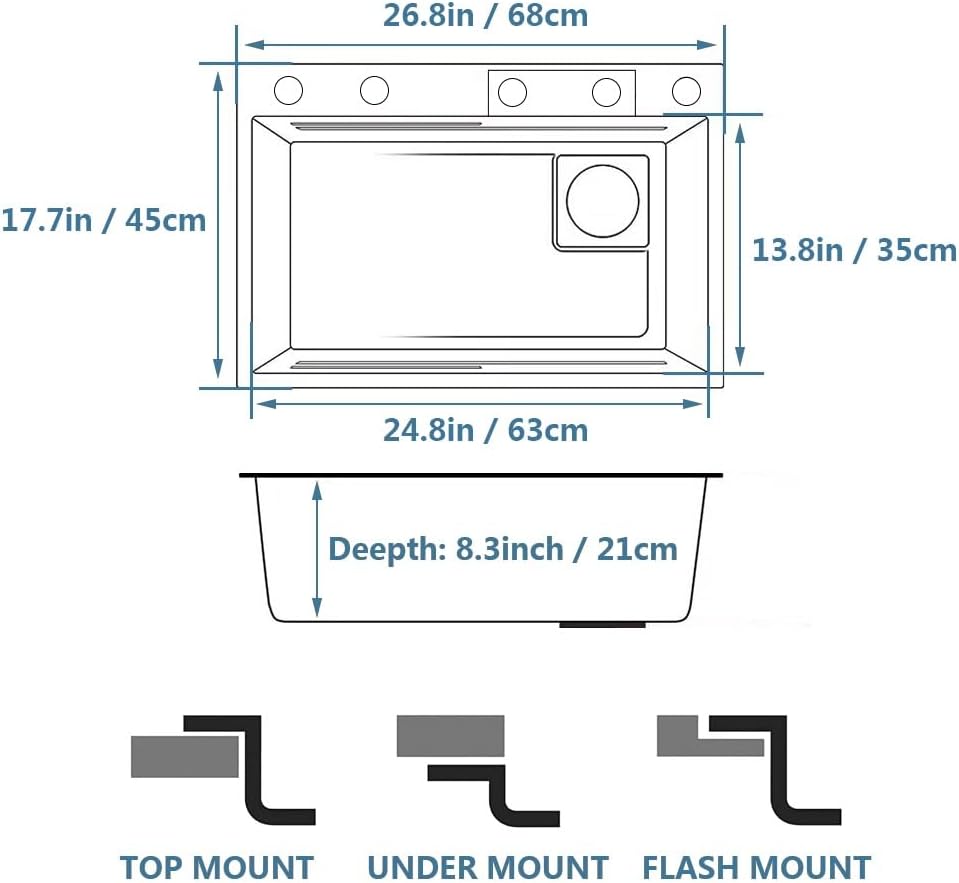 Black Waterfall Kitchen Sink, Drop in Single Bowl Stainless Steel Bar Sink with Cup Washer Sinks, Topmount Workstation Kitchen Sink with Accessories (Size : 26.8 x 17.7in)