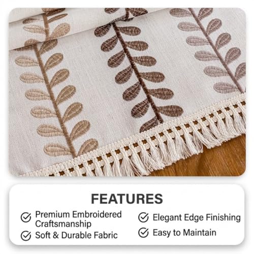 Image of Premium Cotton Microwave Oven Cover | Elegant Embroidered Leaf Design with Decorative Tassel Fringe | Dustproof Washable Kitchen Appliance Protector | Appliances Cover | 100 x 35 CM (Brown)