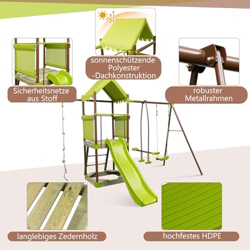COSTWAY Spielturm, Klettergerüst mit Schaukel, Rutsche, Kletterseil, Gleitersitzen, Leiter und Sandkasten, Outdoor Kinder Kletterturm für Garten