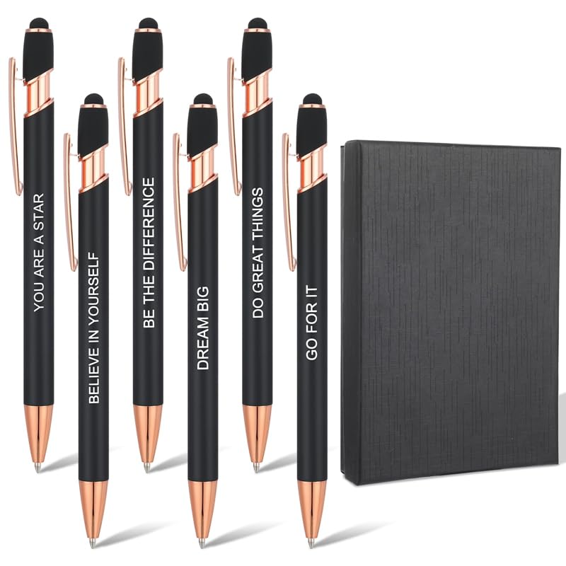 umorismo 6PCS Quotes Pens Motivational Messages Pens with Stylus Tip Personalised Pen Black Ink Metal Ballpoint Pen Novelty Pens Gift Box Raffia Grass for Office School Stationery Gifts(black)