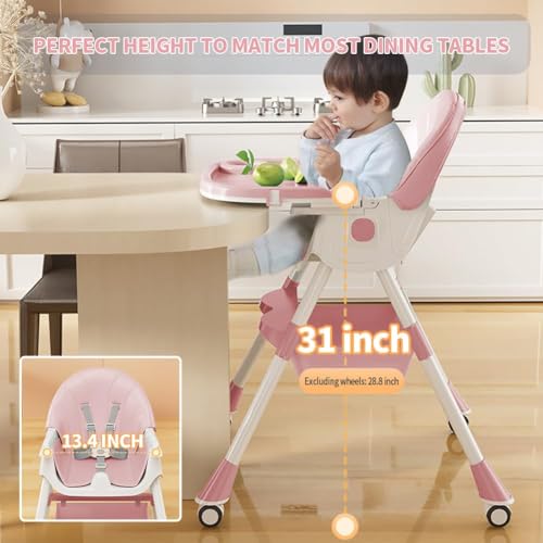 Image of High Chairs for Babies and Toddlers, 4 in 1 Convertible Baby High Chair, Portable High Chair for Travel with Adjustable Height and Back, Foldable HighChair with Wheels& Pu Cushion