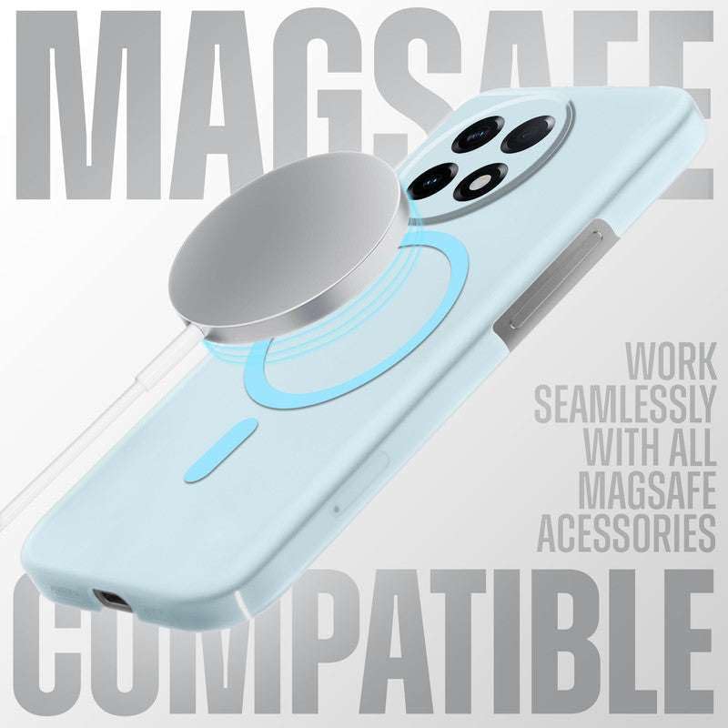 Image of Magnetic Transparent Mobile Cover for oneplus 11R Wireless Charging Compatible Shockproof Case with Slim Matte Back, Anti Yellow Hard Pc Protective Back Cover [ Blue]