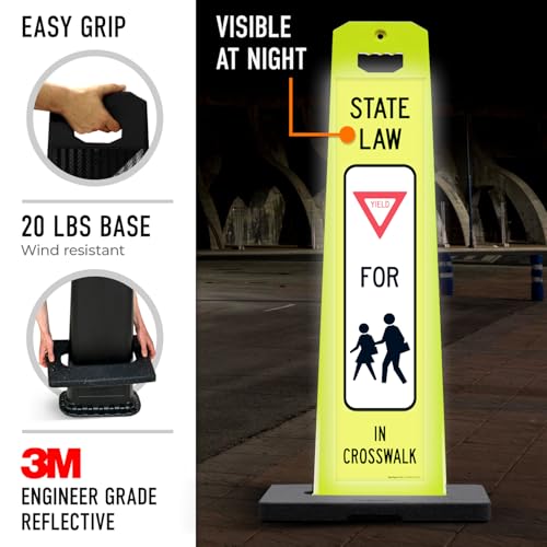 yield for pedestrians crosswalk sign for school zone and street crossing panel sign kit double sided 3m engineer grade reflective 20 lbs black portable rubber base impact resistant plastic frame
