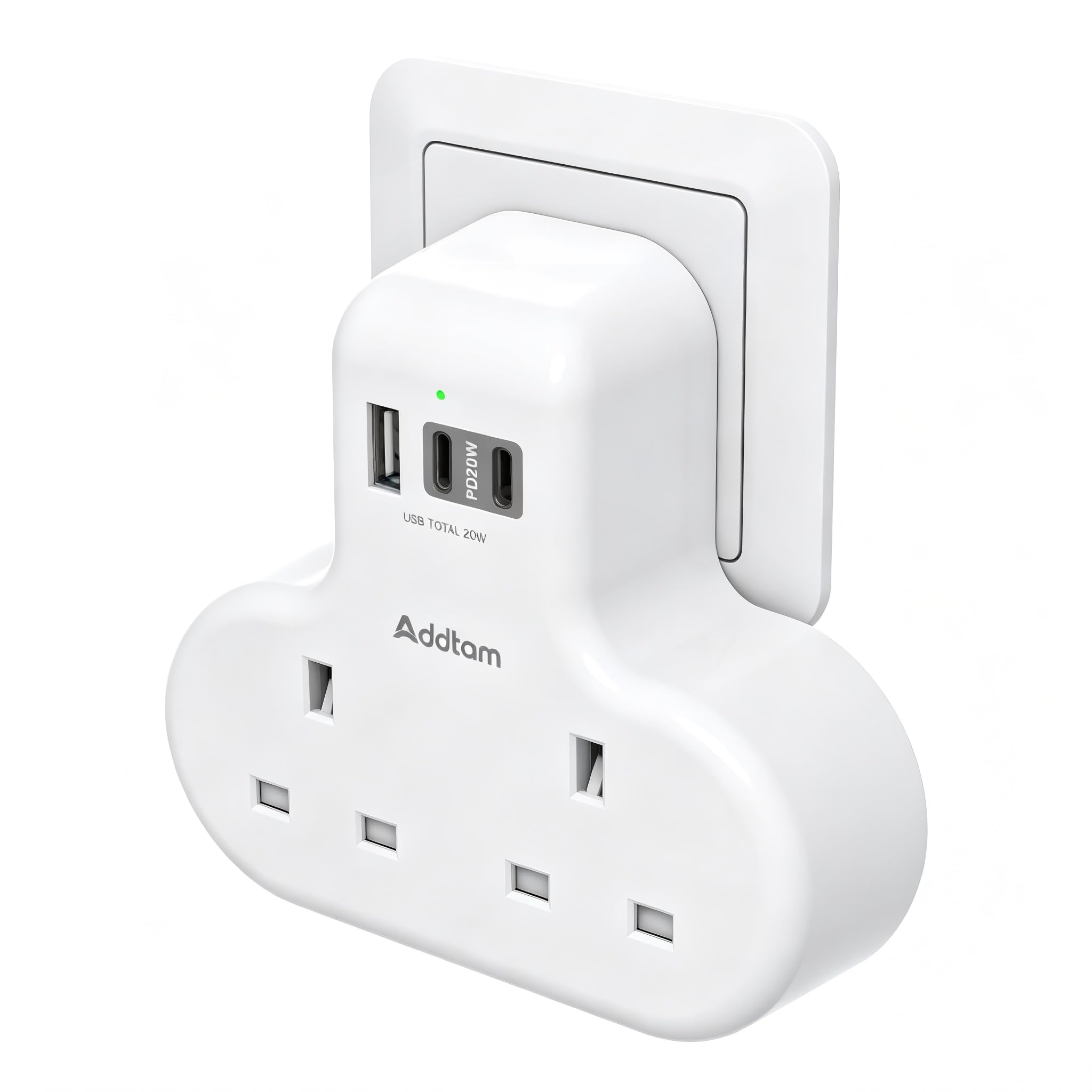 PD 20W Addtam Double Plug Extension, 2 Way Multi Socket Adaptor with 3 USB Ports (2 USB-C), 13A UK 3 Pin Plug Extension for Home, Office, Travel & School Supplies