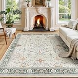 AUWUUA - Alfombra de salón (210 x 270 cm), diseño Floral Vintage, Lavable a máquina, Antideslizante, para Dormitorio, Suave, de Pelo Corto, para Cocina y Comedor, Color Verde Crema