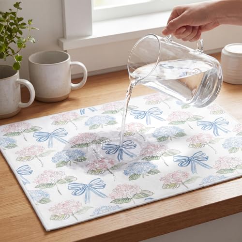 Image of Domensi 2 Pack Hydrangea Microfiber Dish Drying Mat Absorbent Reusable Washable Extra Large Kitchen Counter Draining Mat Blue Gingham Pad for Coffee Bar Kitchen Decor 18x24 Inch