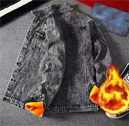 Men Winter Fleece Lining Thick Warm Denim Two Piece Set Slim Fit Cowbody Jacket Jeans Suit Cargo Sets3