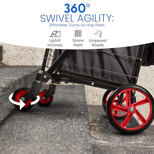 Image of SereneLife Folding Shopping Cart, Heavy Duty, Portable Grocery Trolley Red